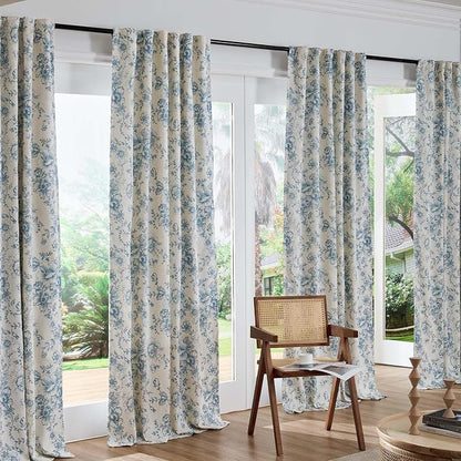 jinchan Blue Floral Linen Blackout Curtains Lined 90 Inch Back Tab 2 Panels | - Image 7