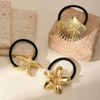 3PCS Gold Hair Ties, Metal Hair Ties for Thick Hair, Elegant Durable Geometric Design, Gold Hair Accessories Stretchy and Non-Damage Ponytail Holders, Ocean Pattern 3 Style Starfish Shell Flower