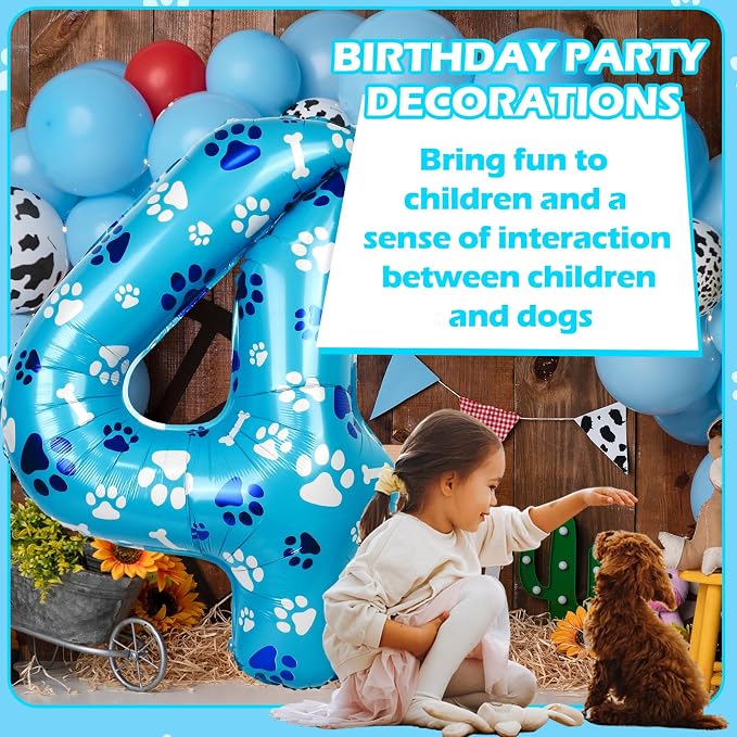 40 Inch Blue Dog Paw Birthday Balloons, Number 4 Balloons - Image 7