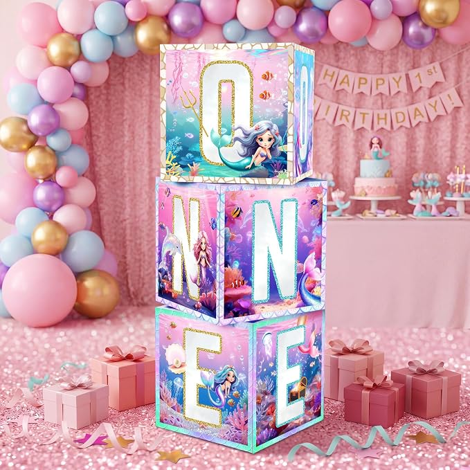 3 Pcs 1st Mermaid Birthday Decorations One Birthday Balloon Boxes Mermaid Party by Unknown