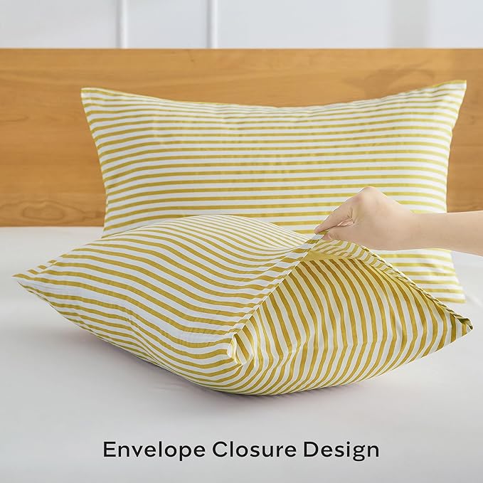 JELLYMONI 100% Cotton Striped Standard Pillowcases Set, 2 Pack White and mustard Yellow Stripes Pillow Covers with Envelope Closure(Pillows are not Included)