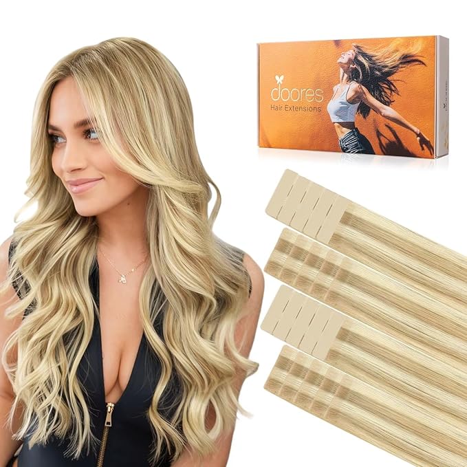 DOORES Invisi Edge Hair Extensions Tape in, Light Blonde Highlighted Golden Blonde 10 Injection Tape-ins with 10 Classic Tape-ins 50g 16 Inch, Virgin Hair Injection Tape in Extensions
