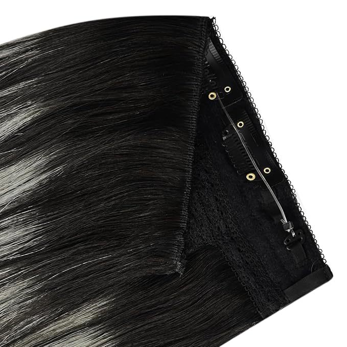 YoungSee Invisible Wire Hair Extensions Real Human Hair Ombre Black Hair Extensions Wire Silver Balayage Fish Line Hair Extension for Women 18Inch 80G