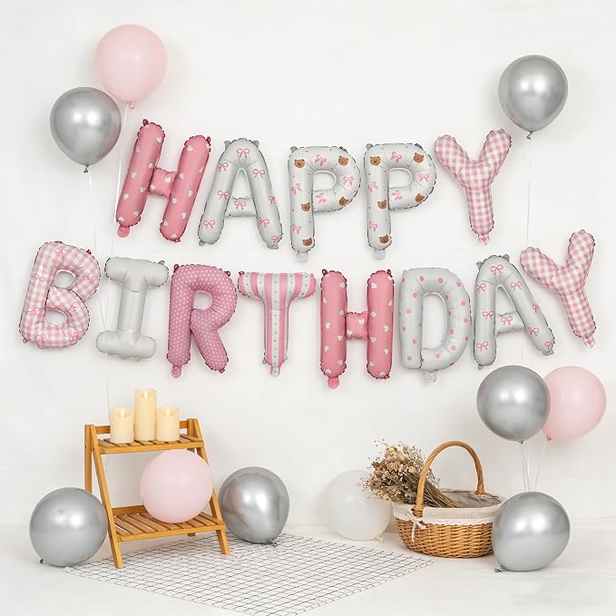 16in Happy Birthday Balloon Banner Happy Birthday Bow Bear Letter Balloon | - Image 4