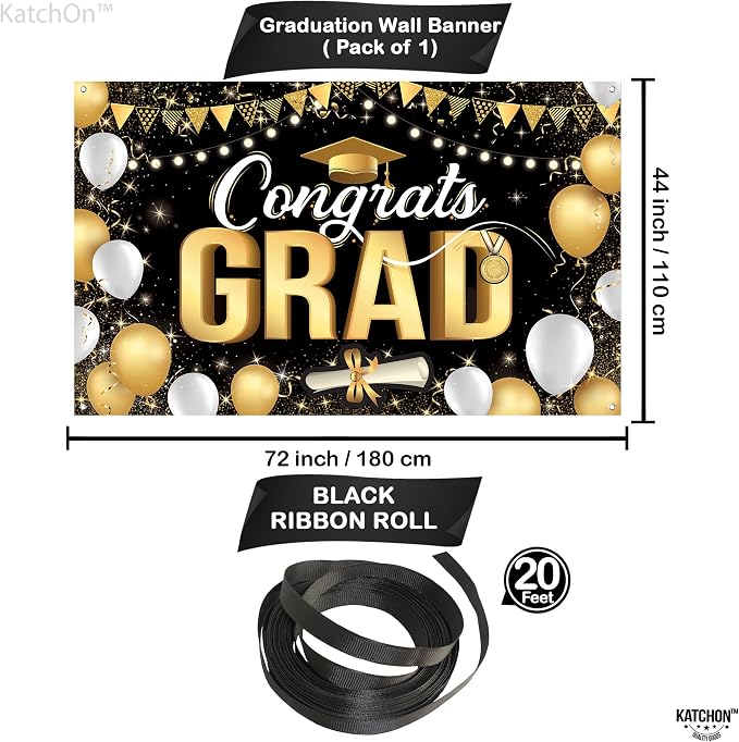 KatchOn Black and Gold Congrats Grad Banner 72x44 Inch | Graduation Decorations - Image 2