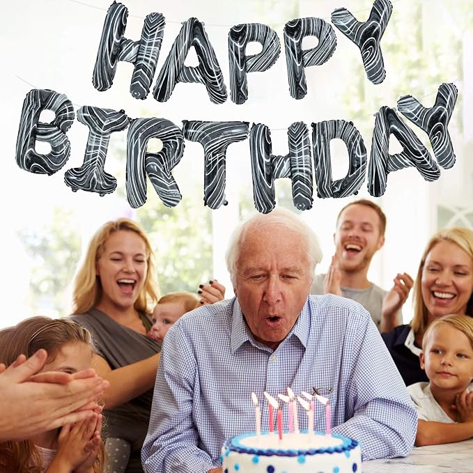 TONIFUL Black Marble Happy Birthday Balloons Banner, 16 Inch Mylar Foil Letters - Image 3