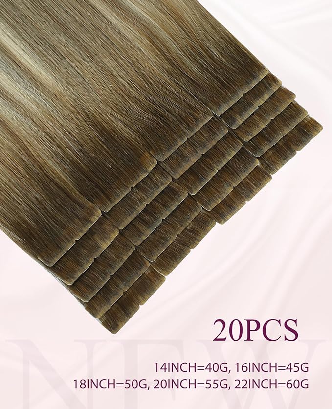 Pinkpearl Invisible Tape in Hair Extensions Human Hair, 20pcs 18inch 50g #3/8/22 Balayage Walnut Brown to Ash Brown and Golden Blonde Injection Tape in Extensions Real Remy Human Hair Injected