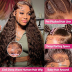 Deep Wave Lace Front Wigs Human Hair Chocolate Brown 13x6 HD Lace Front Wigs Pre Plucked Deep Curly Wigs Wet and Wavy Human Hair Frontal Wigs with Baby Hair 200% Density (32 Inch)