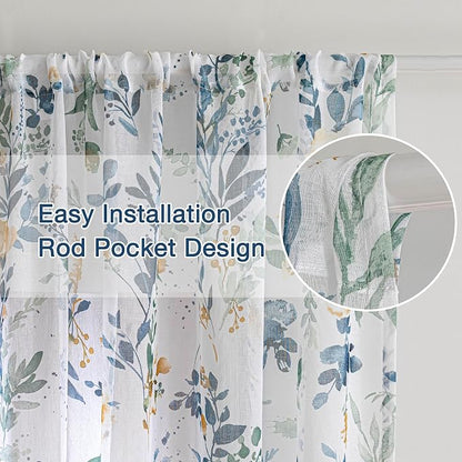 MYSKY HOME Yellow and Blue Sheer Floral Curtains 72 Inch Length 2 Panels | - Image 3