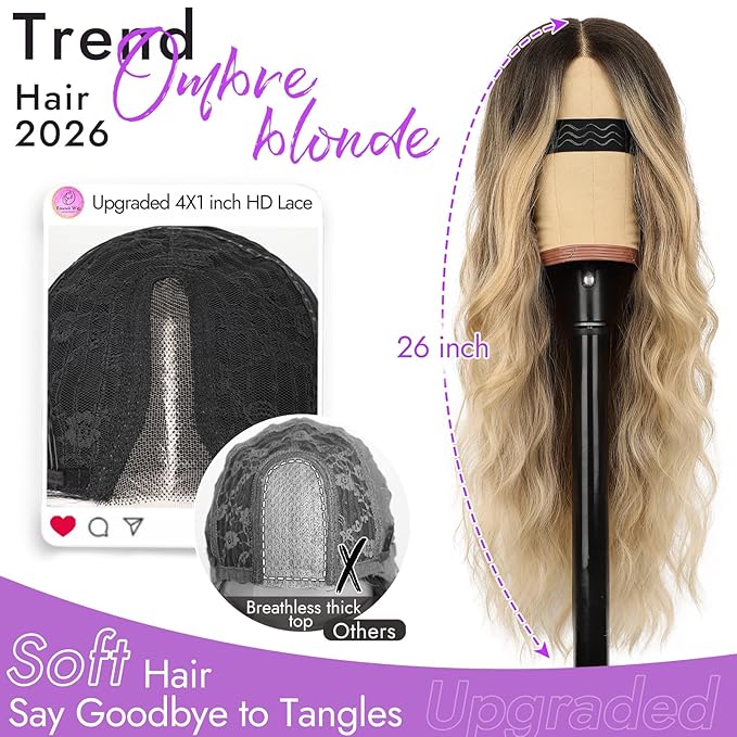 Ombre Blonde Wig for Women Long Wavy 4x1 Lace Natural Hairline Glueless for Beginners Middle Part Synthetic for Daily Party Use 26Inch