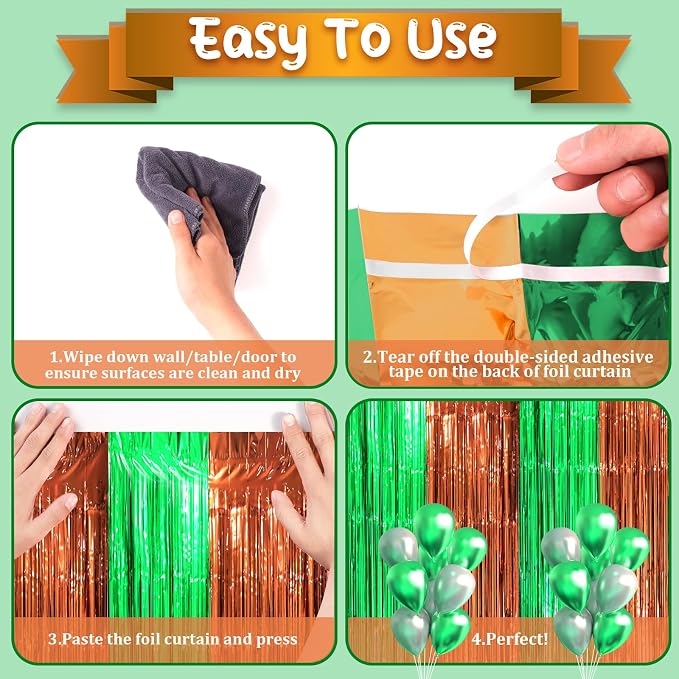Voircoloria Green Brown Foil Fringe Backdrop Curtains, 2 Pack | Tinsel Streamers - Image 3