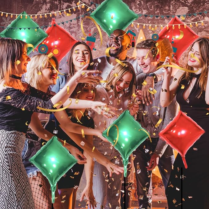 Metallic Green and Red Double Sided Square Foil Balloons Wall, 19 Inches Foil - Image 6