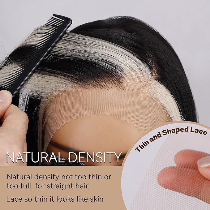 BLL Lace Front Wig, Skunk Stripe 13X4 Lace Wig Pre Plucked Glueless Synthetic Heat Resistant Long Straight Black and Blonde Wigs 26inch Suitable For Everyday Wear