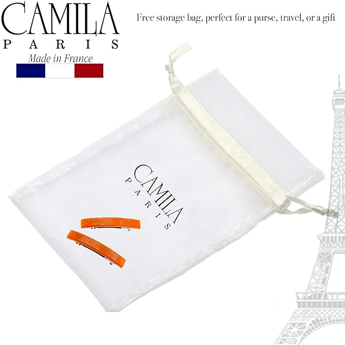 Camila Paris CP3041 French Hair Barrette Clip for Girls, Set of 2 Orange Rubberized Metal Clasp Strong Hold Grip Hair Clips for Women, No Slip Durable Styling Girls Hair Accessories, Made in France
