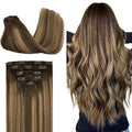 DOORES Clip in Human Hair Extensions, 5pcs 85g 22 Inch Balayage Chocolate Brown to Caramel Blonde Hair Extensions Clip in Silky Straight Natural Hair