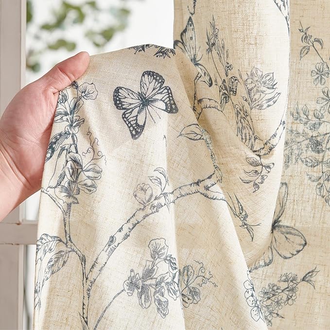 Blue Floral Linen Curtains Farmhouse Rod Pocket 50W X 96L 2 Panels | Charlotte - Image 5