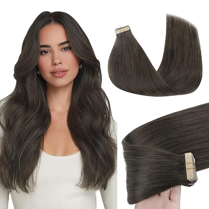 GOO GOO Tape in Hair Extensions Human Hair, 1C Mocha Brown, 22inch 50g 20pcs, Skin Weft Seamless Invisible, Silky Straight with Thick Ends, Remy Human Hair