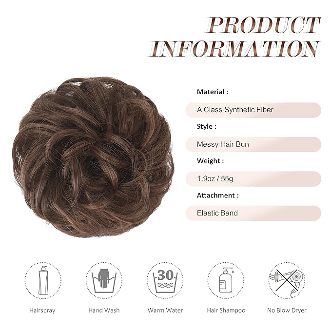 FESHFEN Messy Bun Hair Piece - Large Elastic Wavy Curly Hair Bun Scrunchies Ponytail Extensions Synthetic Chignon Hairpieces for Women, Brunette Brown 1.94oz