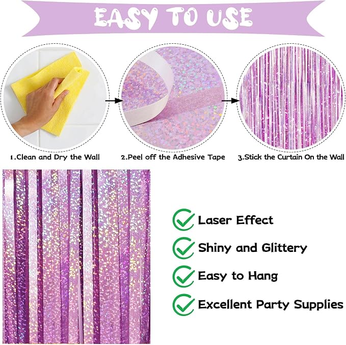 Light Purple Fringe Curtain Backdrop, 2 Pack Tinsel Foil Fringe Curtains Party - Image 4