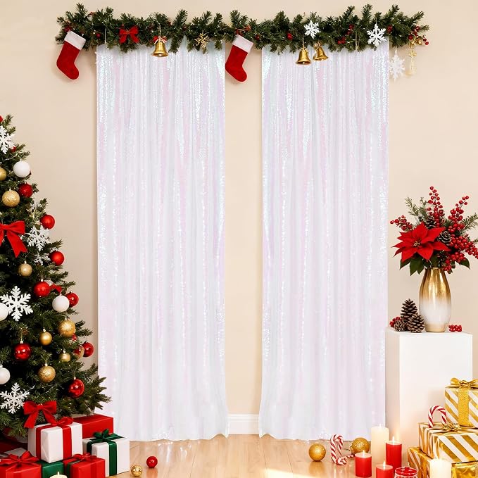 PartyDelight Iridescent White Sequin Backdrop Curtains 2x8ft 2 Panels | Color - Image 5