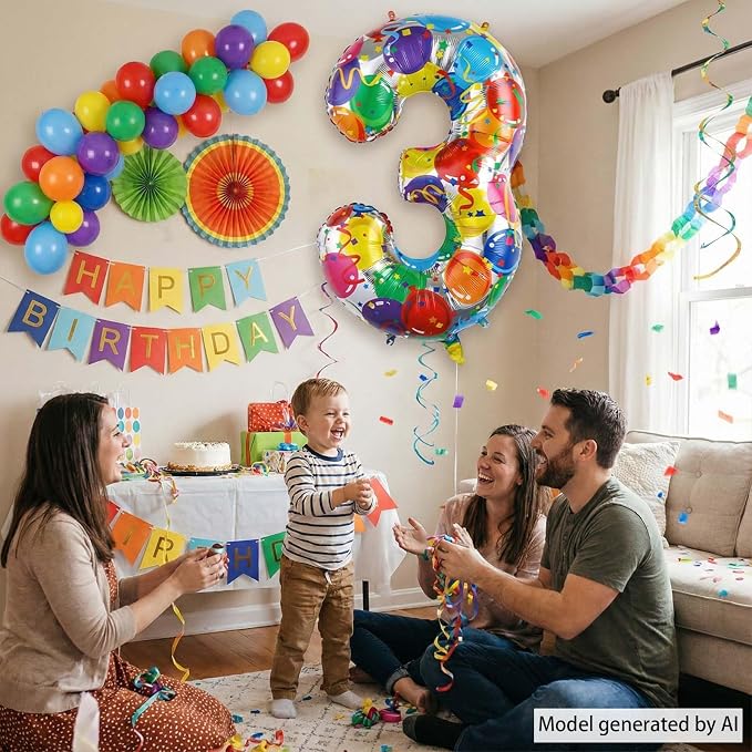Rainbow Number 3 Balloon, 40 Inch Large Multi-color Mylar Foil Ballons - Image 2