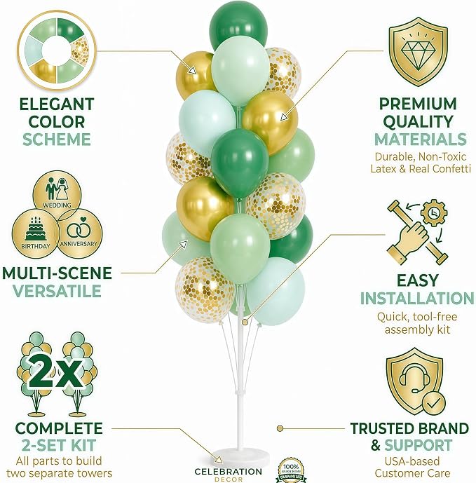 Hiins 2 Set Sage Green Gold Party Balloon Column Kit - Image 2