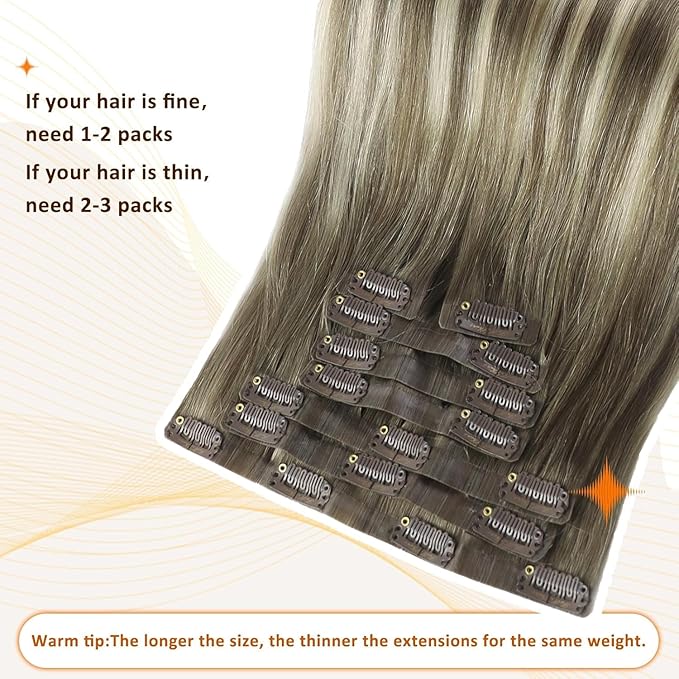 Full Shine Short Hair Extension Clip ins Brown Ombre Hair Clip in Extensions with PU Weft Ash Brown Balayage Blonde Remy Hair for Women 12 Inch 8 PCS 95 G