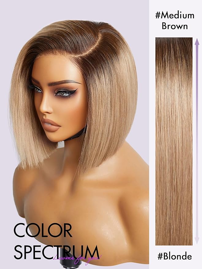 LUVME HAIR 12 Inch Ash Blonde Blunt Cut Bob Wig Human Hair Pre Cut Glueless HD Lace Closure Wig Mature Boss Side Parted Ombre Straight Short Wig