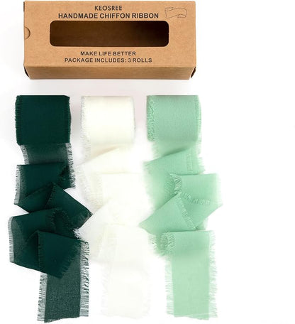 KEOSREE Cream White & Sage Green Chiffon Ribbon, 1.5" x21Yd | Frayed Fringe by KEOSREE