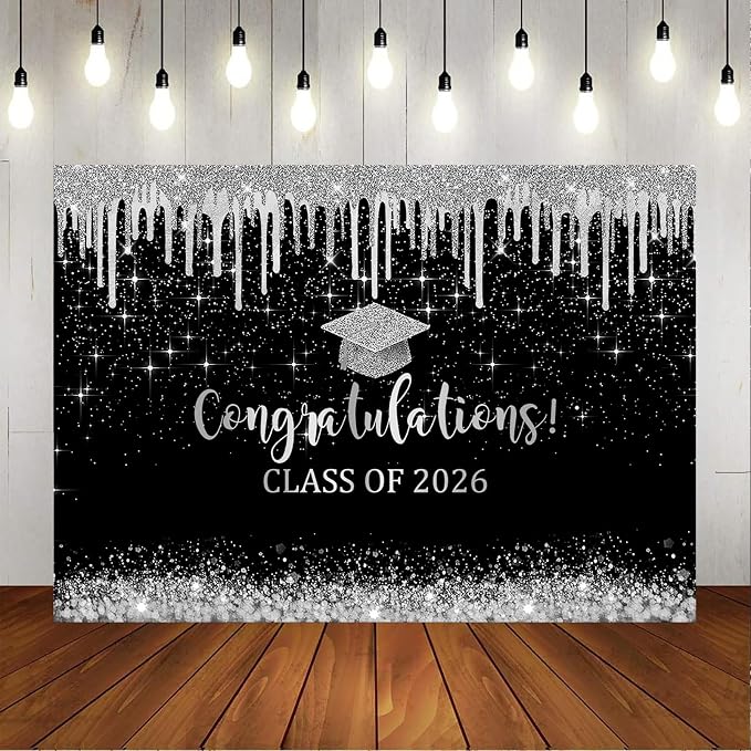 Mocsicka 7x5ft Class of 2025 Graduation Backdrop Black and Sliver Glitter 2026 - Image 6