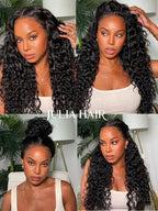 Julia Hair Bye Bye Knots Wig 13x4 Glueless Wigs Human Hair Mixed Curls Water Wave and Jerry Curly Fluffy Wig Pre Everything Pre Plucked Pre Cut HD Lace Bleached Knots Natural Black 18 Inch