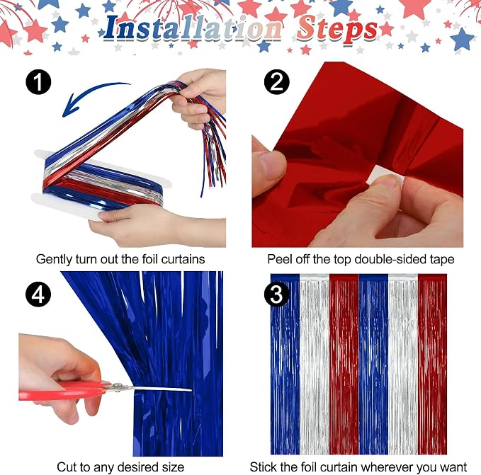 ZATAYE 2 Pack Blue Silver Red Foil Curtain Streamer Decorations | Blue Silver - Image 3