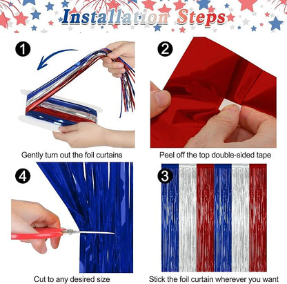 ZATAYE 4 Pack Blue Silver Red Foil Curtain Streamer Decorations | Blue Silver - Image 3