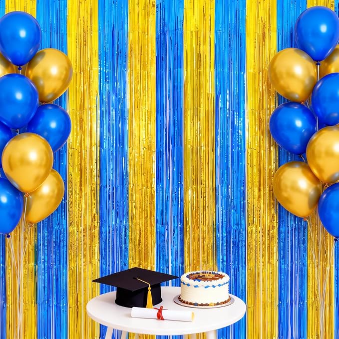 jijAcraft Blue Gold Tinsel Foil Fringe Curtain, 3 Pack 3.2x6.5 Feet Graduation - Image 7