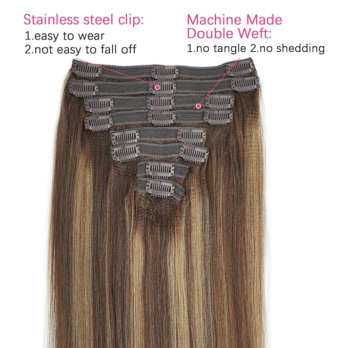 #4/27/4 Highlight Yaki Straight Clip in Hair Extensions Real Human Hair Omber Clip ins For Women Yaki Straight Clip on Hair(12inch,#4/27/4)