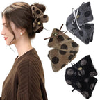 3Pcs Large Plush Hair Claw Clips for Thick Hair, 5.3 Inch Fuzzy Faux Fur Jaw Clips, Cute Polka Dot Hair Catch Barrettes with Bow Ribbon, Non Slip Strong Hold Winter Hair Accessories for Women Girls