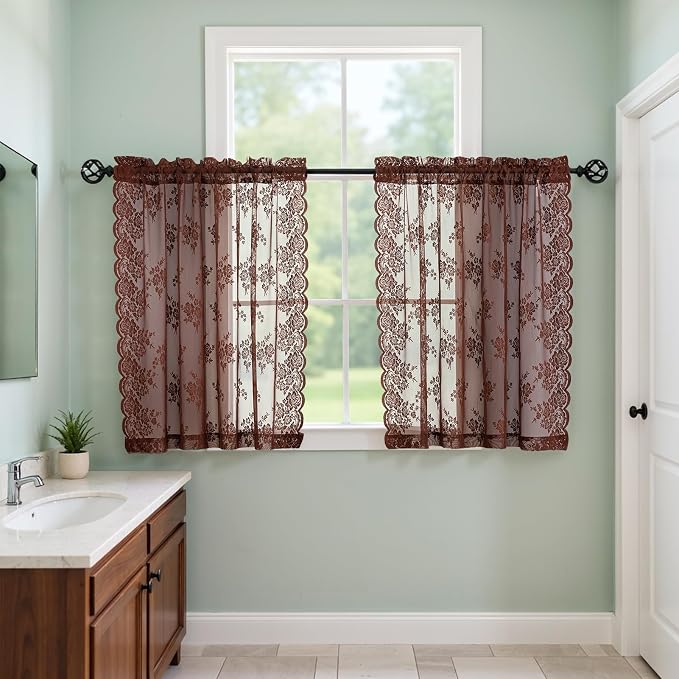Kotile Warm Brown Sheer Kitchen Curtains Rustic Floral W42xL45 in, 2 Panels | - Image 5