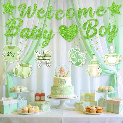 Green Baby Shower Decorations for Boys Glitter Greenery Welcome Baby Boy Banner - Image 4