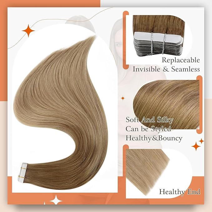 Full Shine Tape in Human Hair Extensions Seamless Tape ins Extensions 14 Inch 10 Golden Brown to 14 Dark Blonde Balayage Hair Extensions Tape in 50 Gram Straight Invisible Tape Hair 20pcs