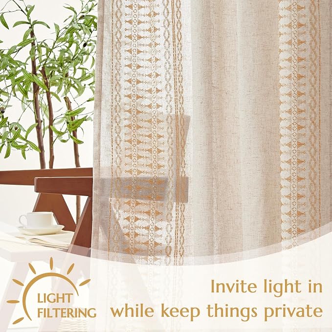 jinchan Boho Curtains Embroidered Linen Blend Window Curtains - Image 4
