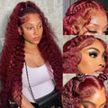 36 Inch 13x6 Deep Wave Burgundy Lace Front Curly Red Frontal Wigs Human Hair For Women Red Deep Wave Human Hair 200 Density Burgundy HD Lace Front Wigs Pre Plucked