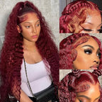 36 Inch 13x6 Deep Wave Burgundy Lace Front Curly Red Frontal Wigs Human Hair For Women Red Deep Wave Human Hair 200 Density Burgundy HD Lace Front Wigs Pre Plucked