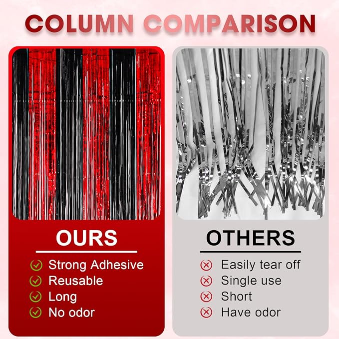 Voircoloria Red and Black Foil Fringe Backdrop Curtains, 3 Pack | Tinsel - Image 5
