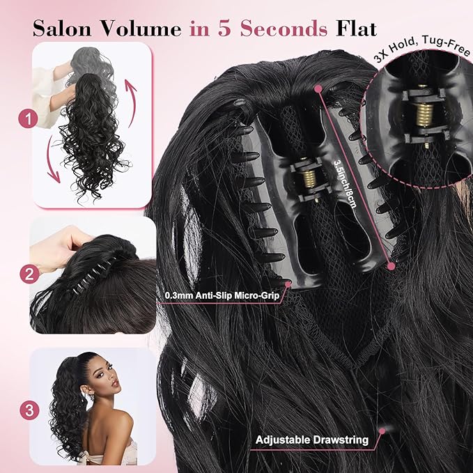 QGZ 20" Wavy Ponytail Extension, Claw Clip Ponytail Hair Extension, Natural Synthetic Hairpiece for Women Daily Use(Dark Brown with Highlights)
