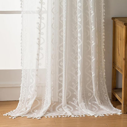 WAZZIO White Boho Lace Curtains 96 Inch -Cute Vintage Victorian Sheer Panel - Image 5
