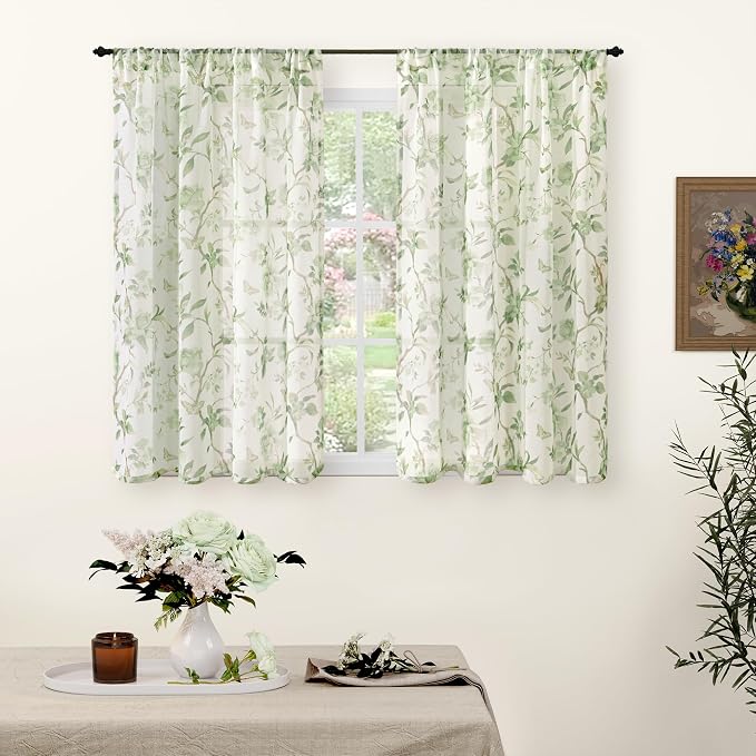 Sage Sheer Curtains 54 Inch Length 2 Panels Set Sheer, Leaf Patterned Linen by Lajode
