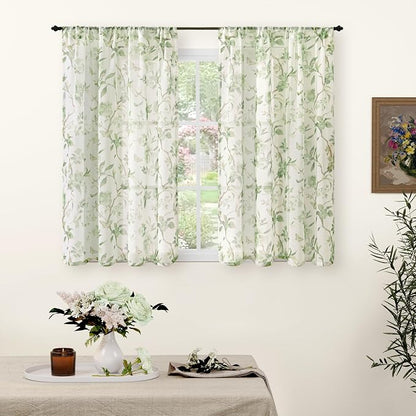 Sage Sheer Curtains 54 Inch Length 2 Panels Set Sheer, Leaf Patterned Linen by Lajode