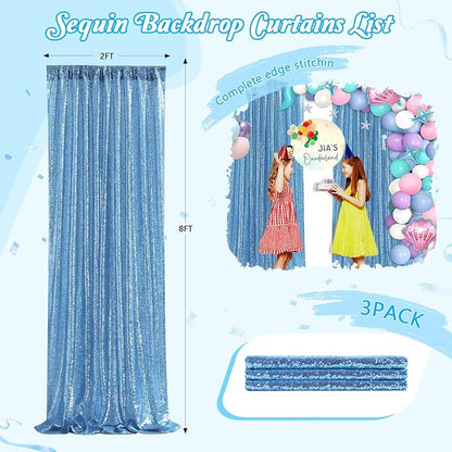 Sequin Backdrop Drapes 3 Panels Fabric Curtain 2FT x 8FT Baby Blue Wedding | - Image 2