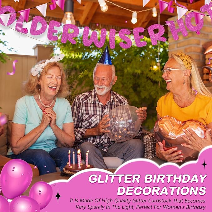 Fulmoon Set of 3 Pre Strung Older Wiser Hotter Glitter Banner Funny Birthday - Image 4