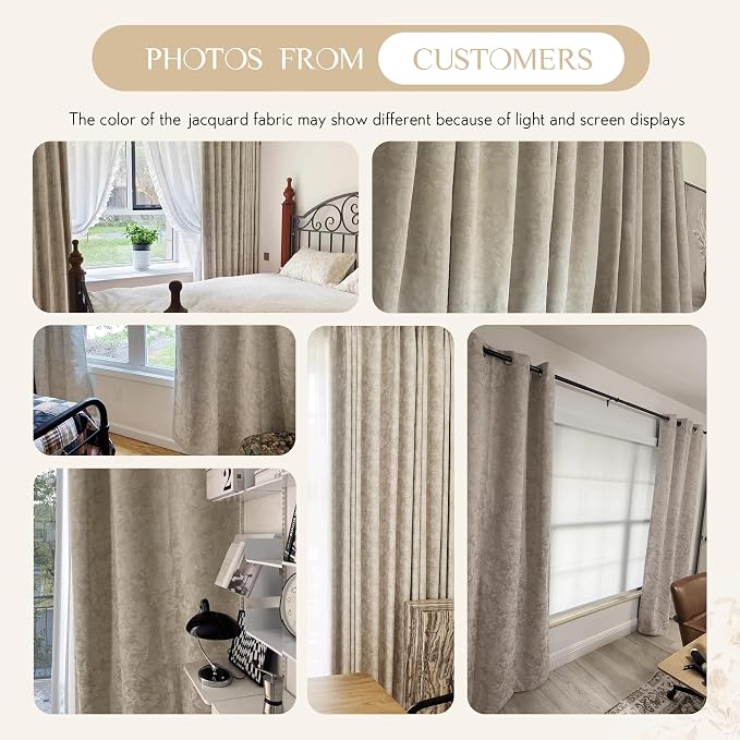 Beauoop Beige Floral Jacquard Blackout Curtains - Image 8